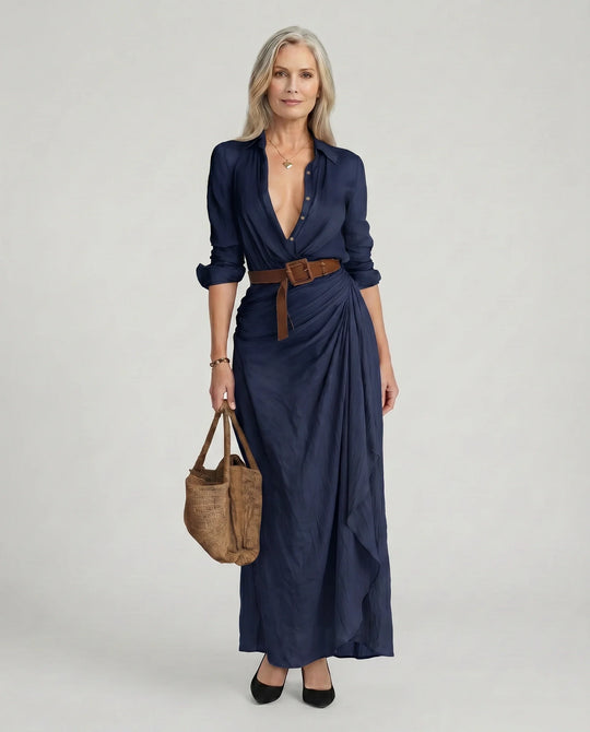 Women's Elegant Draped Shirt Wrap Maxi Dress with Belt