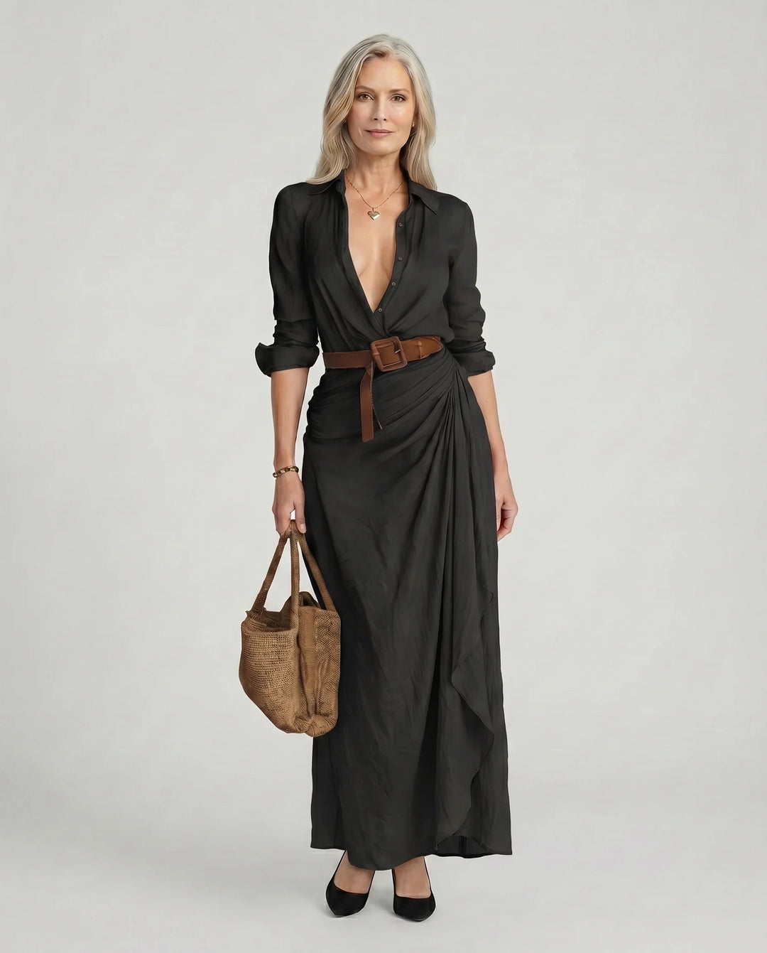Women's Elegant Draped Shirt Wrap Maxi Dress with Belt