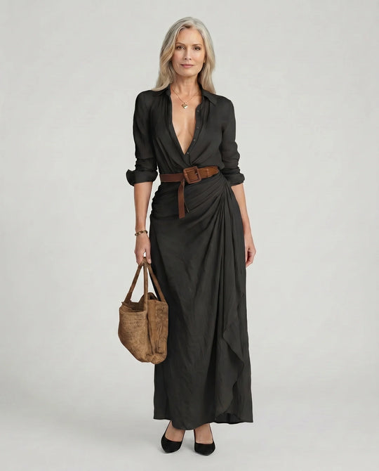 Women's Elegant Draped Shirt Wrap Maxi Dress with Belt