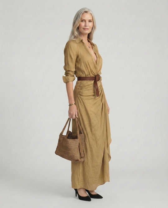 Women's Elegant Draped Shirt Wrap Maxi Dress with Belt