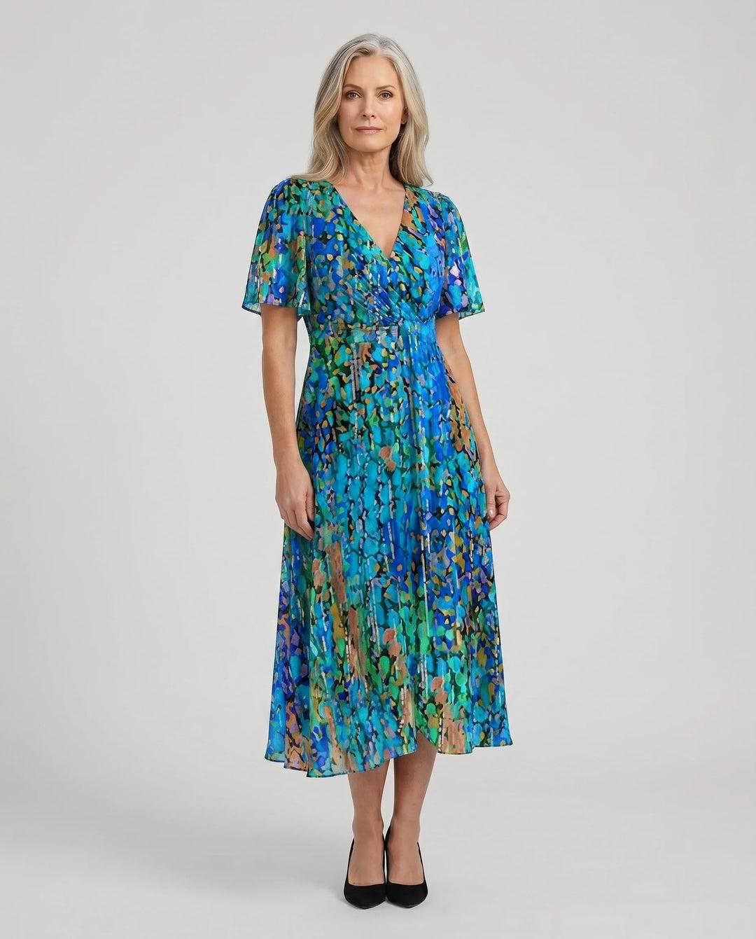 Women's Printed Surplice V-Neck Midi Dress