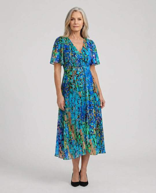 Women's Printed Surplice V-Neck Midi Dress