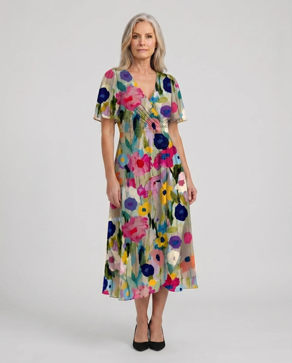 Women's Printed Surplice V-Neck Midi Dress