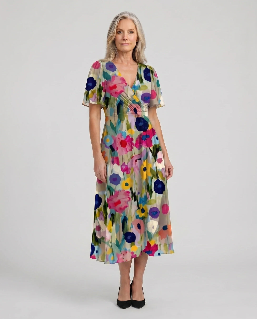 Women's Printed Surplice V-Neck Midi Dress