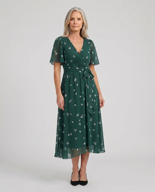 Women's Printed Surplice V-Neck Midi Dress
