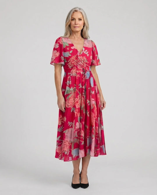 Women's Printed Surplice V-Neck Midi Dress