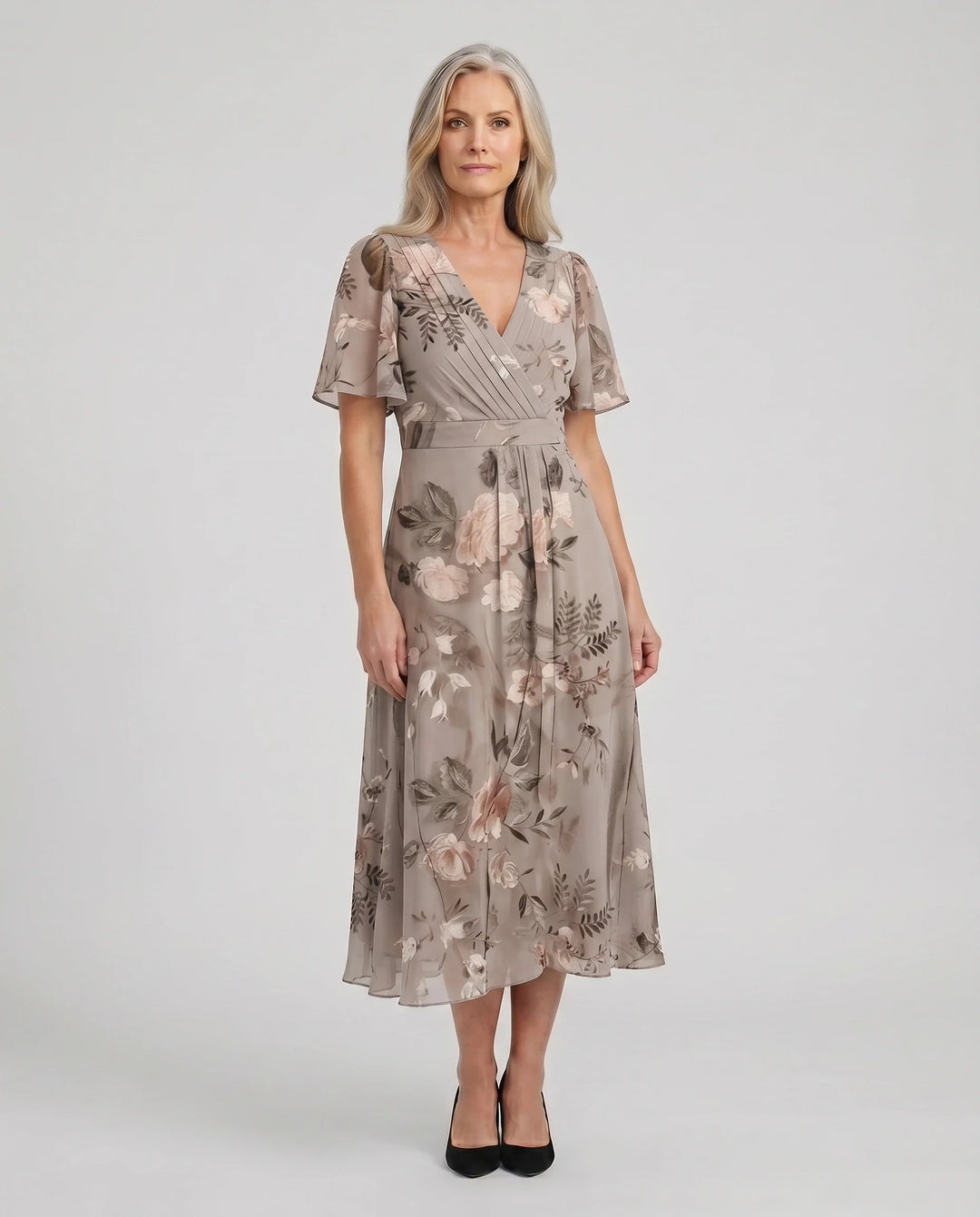 Women's Printed Surplice V-Neck Midi Dress
