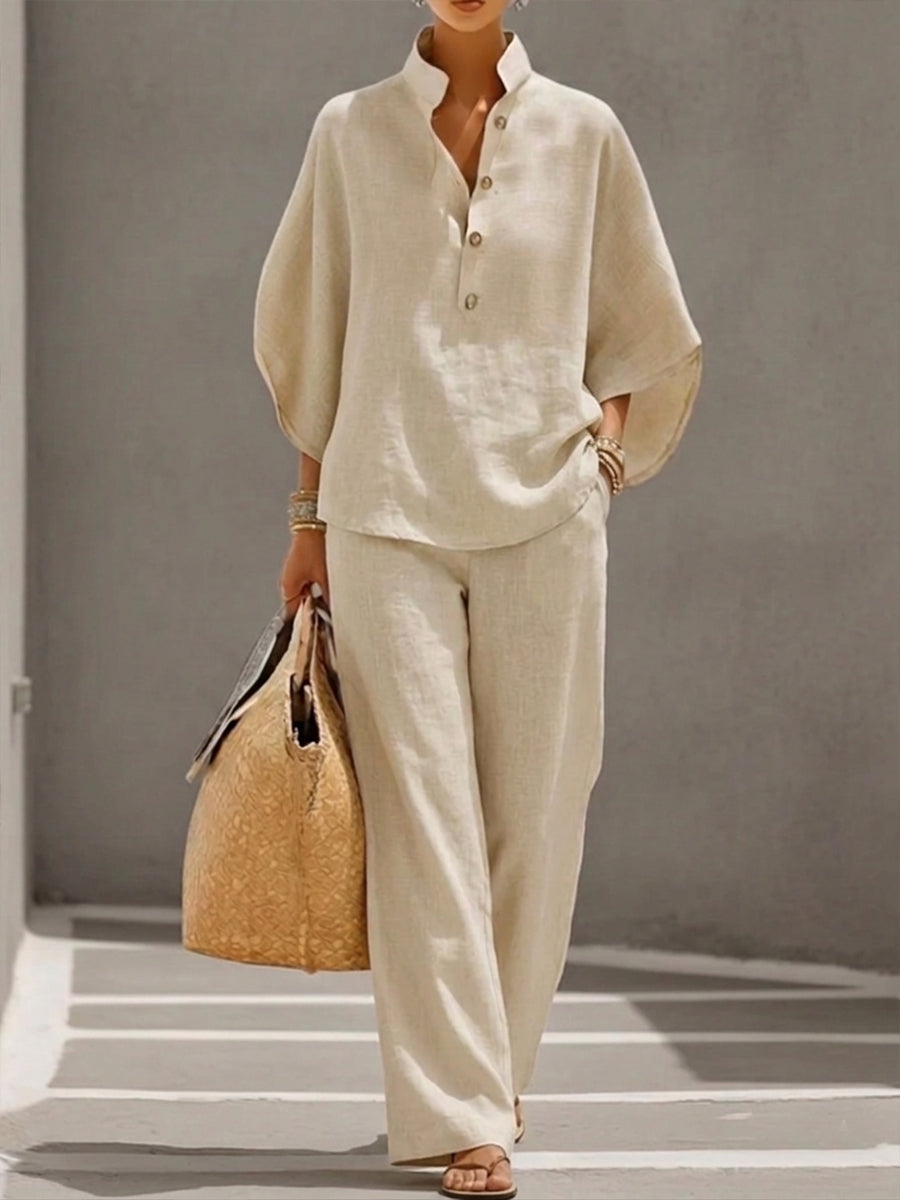 Women's Button Detail Relaxed Blouse and Wide Leg Pants Set