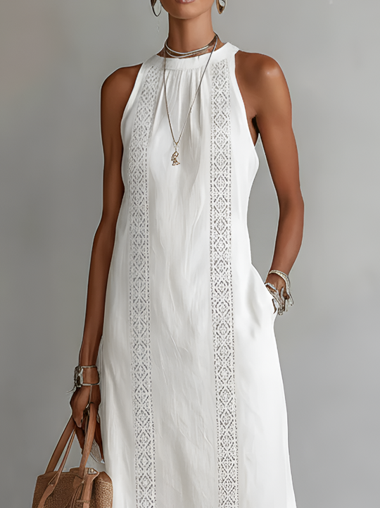 Women's Sleeveless Lace Panel Side Slit Maxi Dress