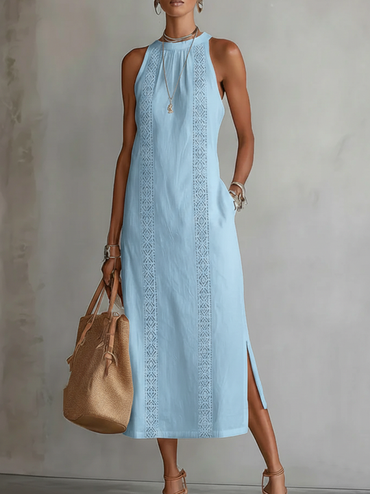 Women's Sleeveless Lace Panel Side Slit Maxi Dress