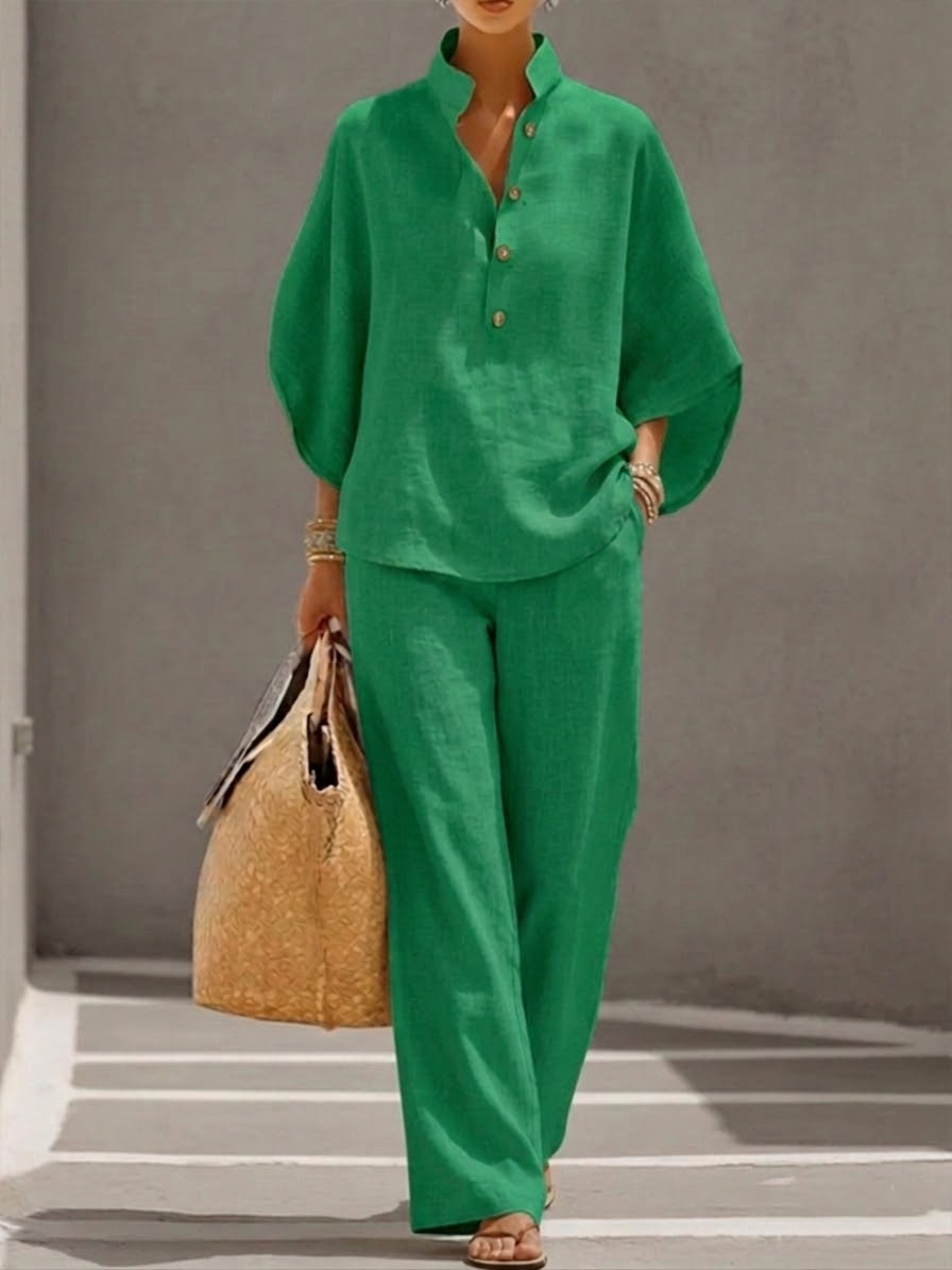 Women's Button Detail Relaxed Blouse and Wide Leg Pants Set