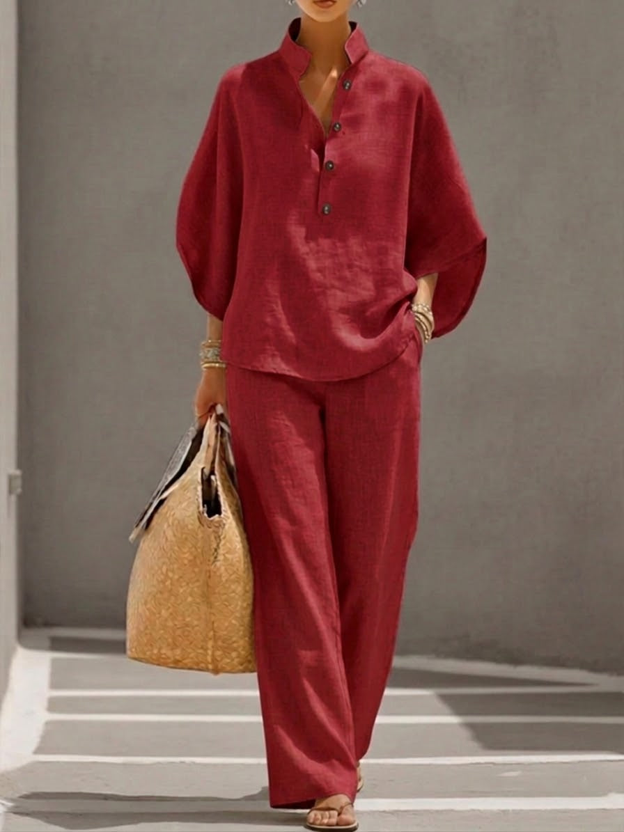 Women's Button Detail Relaxed Blouse and Wide Leg Pants Set