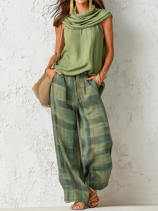 Women's Sleeveless Draped Neck Top and Plaid Wide Leg Pants Set