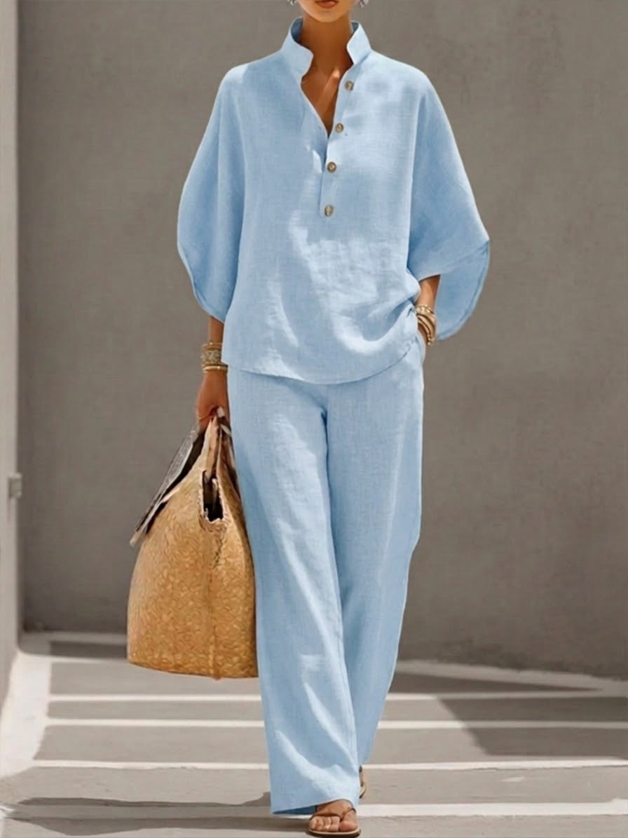 Women's Button Detail Relaxed Blouse and Wide Leg Pants Set