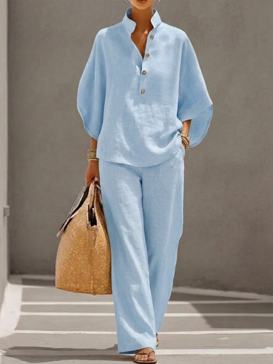 Women's Button Detail Relaxed Blouse and Wide Leg Pants Set