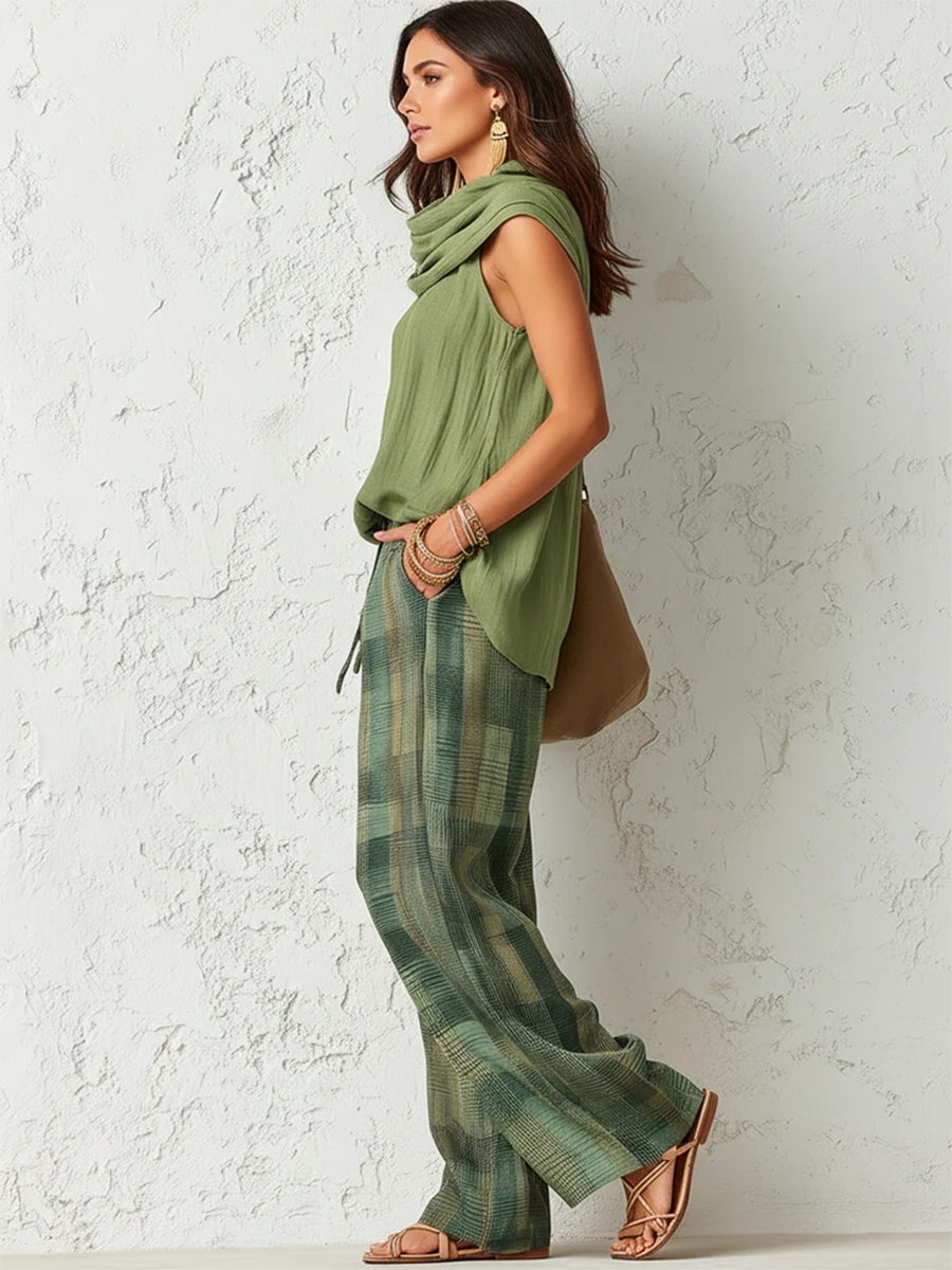 Women's Sleeveless Draped Neck Top and Plaid Wide Leg Pants Set