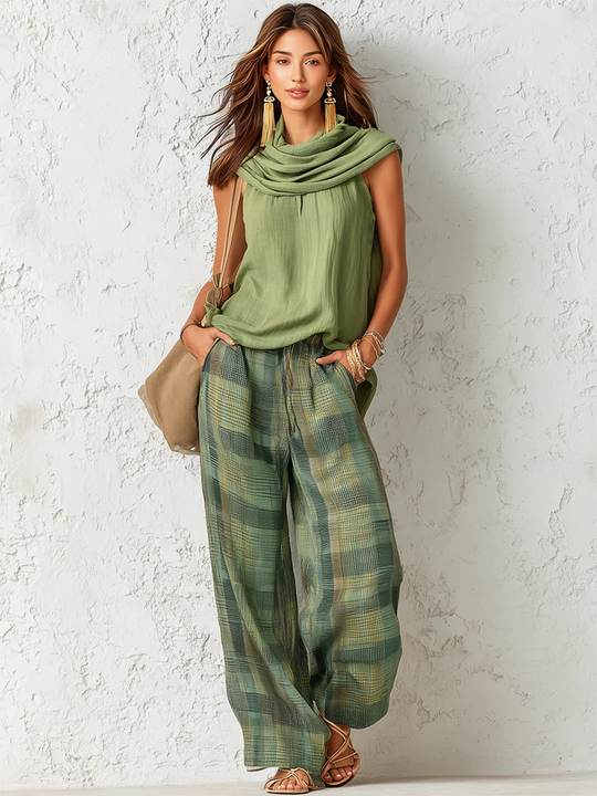 Women's Sleeveless Draped Neck Top and Plaid Wide Leg Pants Set