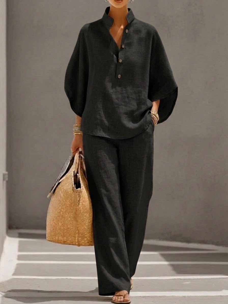 Women's Button Detail Relaxed Blouse and Wide Leg Pants Set