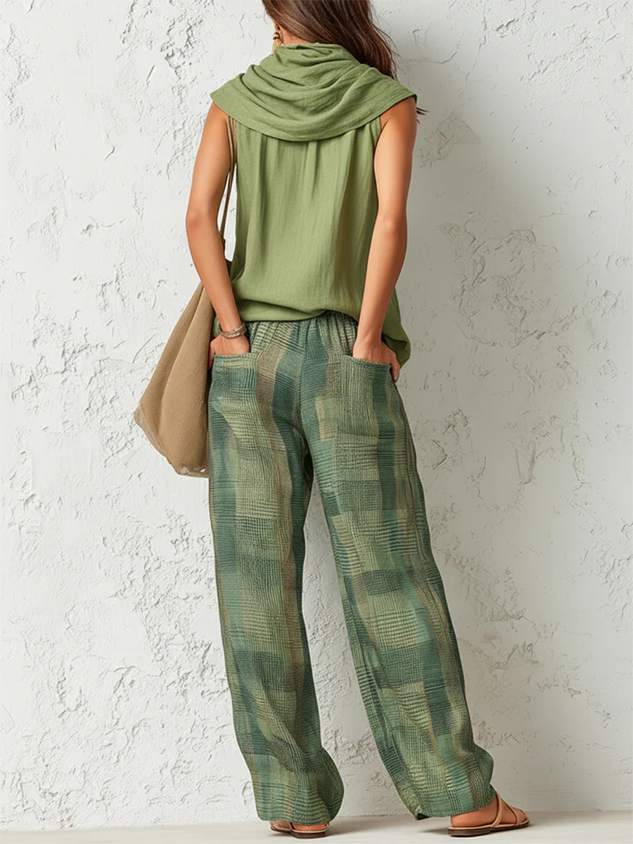 Women's Sleeveless Draped Neck Top and Plaid Wide Leg Pants Set