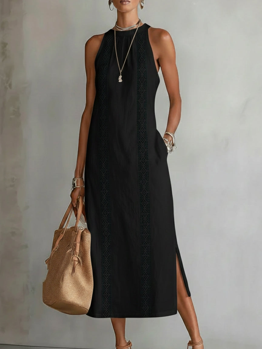 Women's Sleeveless Lace Panel Side Slit Maxi Dress