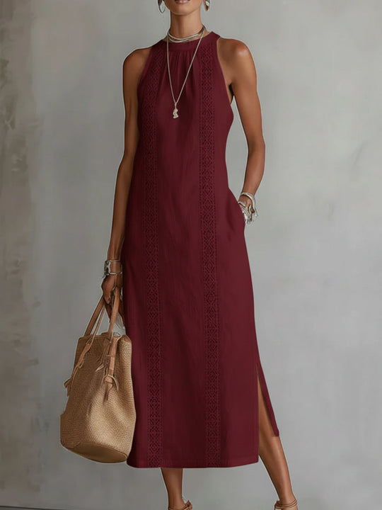 Women's Sleeveless Lace Panel Side Slit Maxi Dress