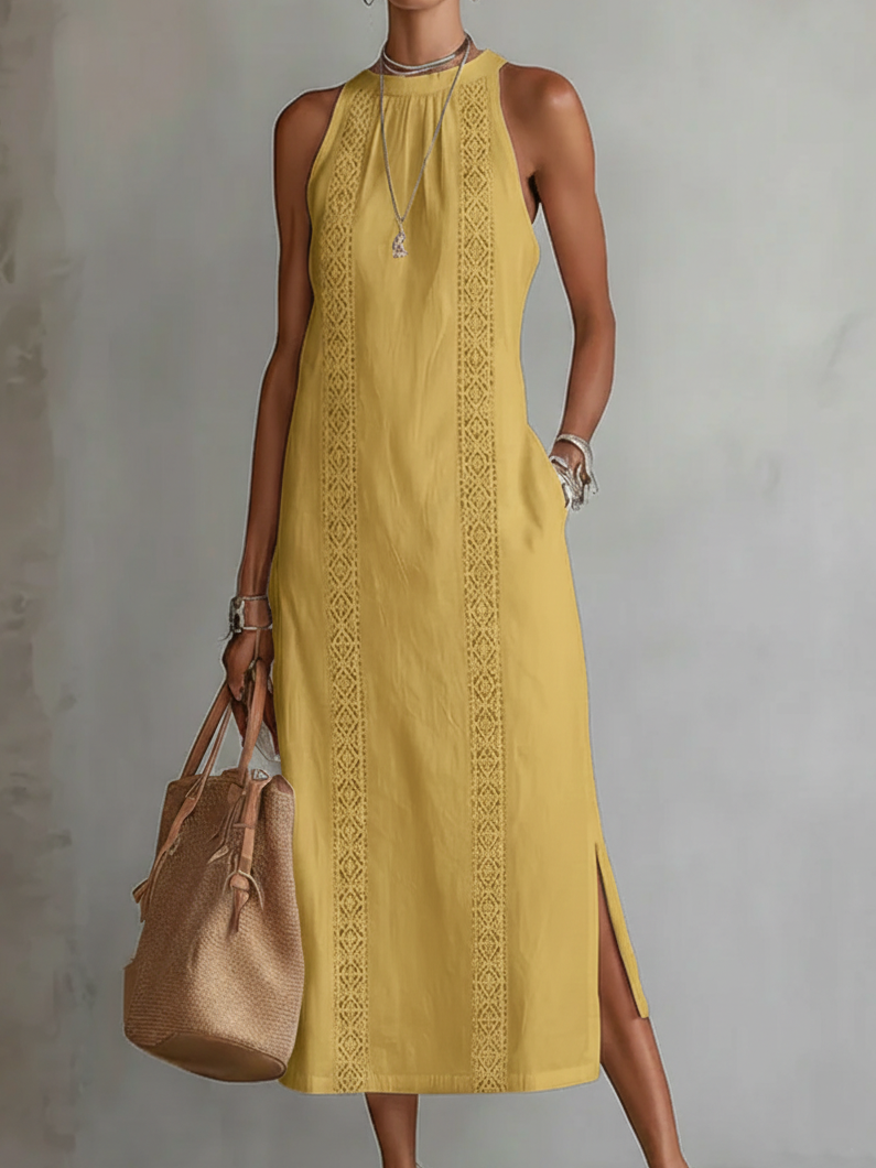 Women's Sleeveless Lace Panel Side Slit Maxi Dress
