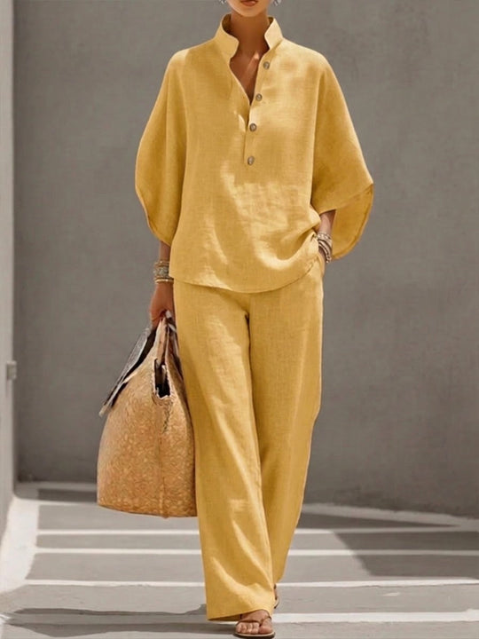 Women's Button Detail Relaxed Blouse and Wide Leg Pants Set