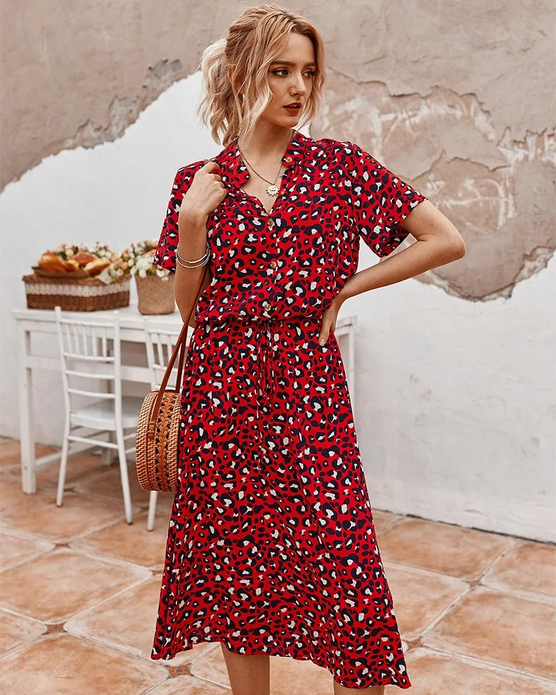 Women's Printed Tie Waist Midi Dress