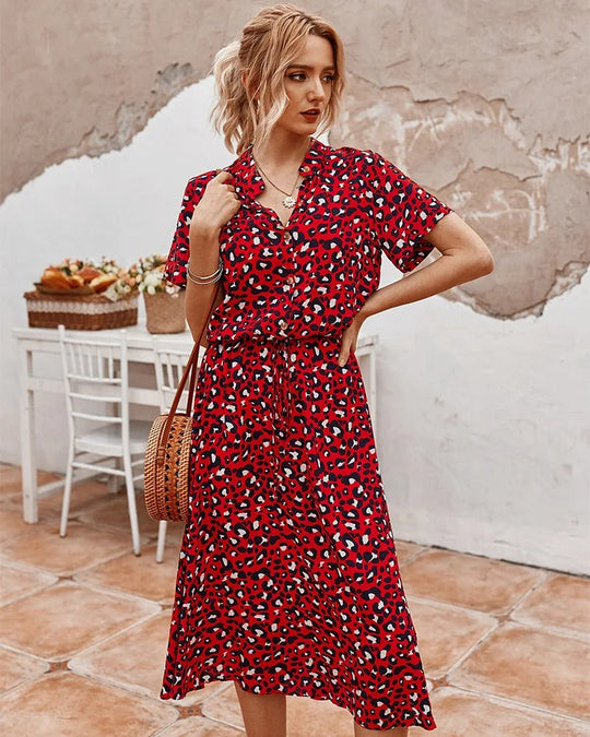 Women's Printed Tie Waist Midi Dress