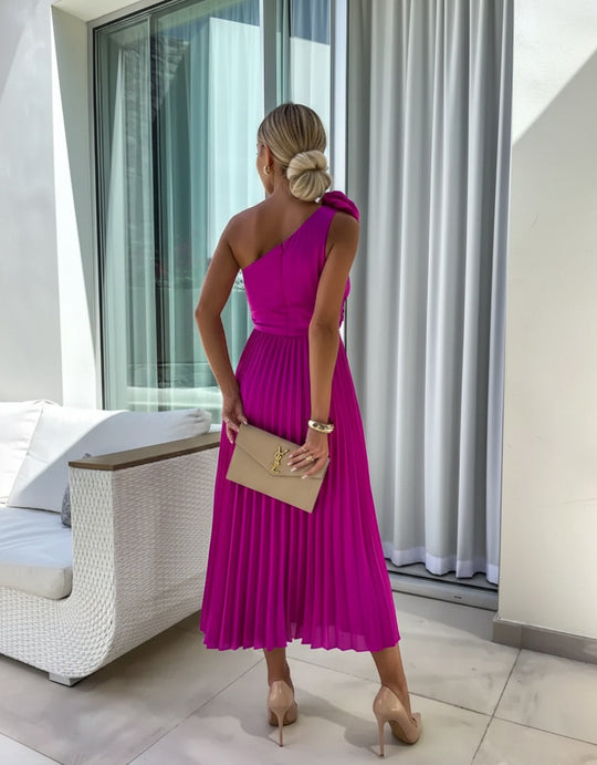 Women's Elegant One-Shoulder Pleated Midi Dress with Floral Detail