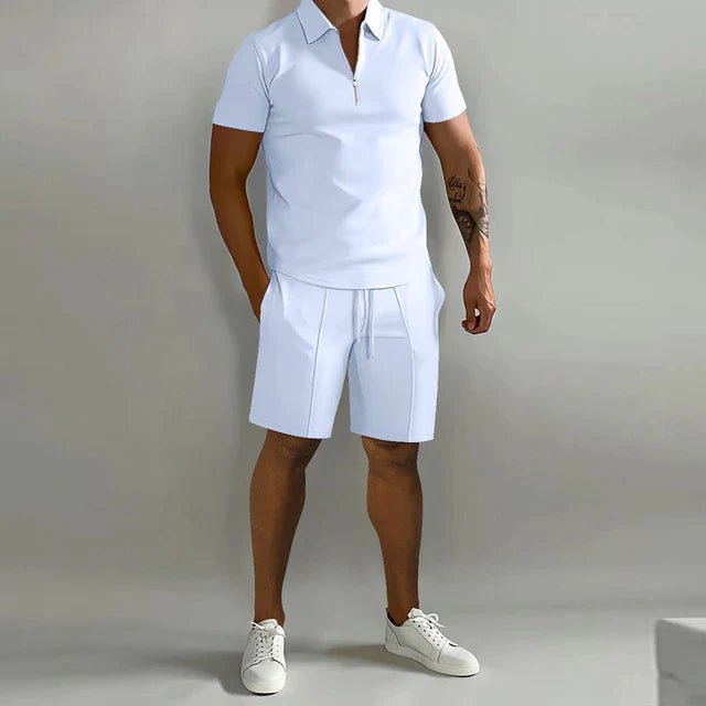 Men's Zip Collar Polo Shirt and Drawstring Shorts Set