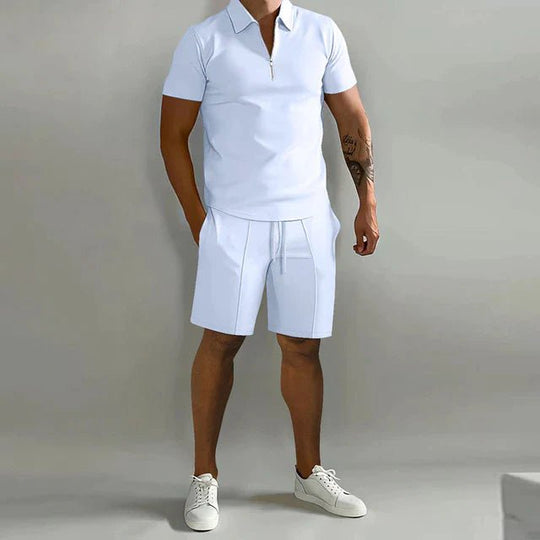 Men's Zip Collar Polo Shirt and Drawstring Shorts Set