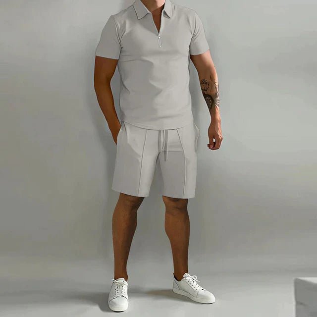 Men's Zip Collar Polo Shirt and Drawstring Shorts Set