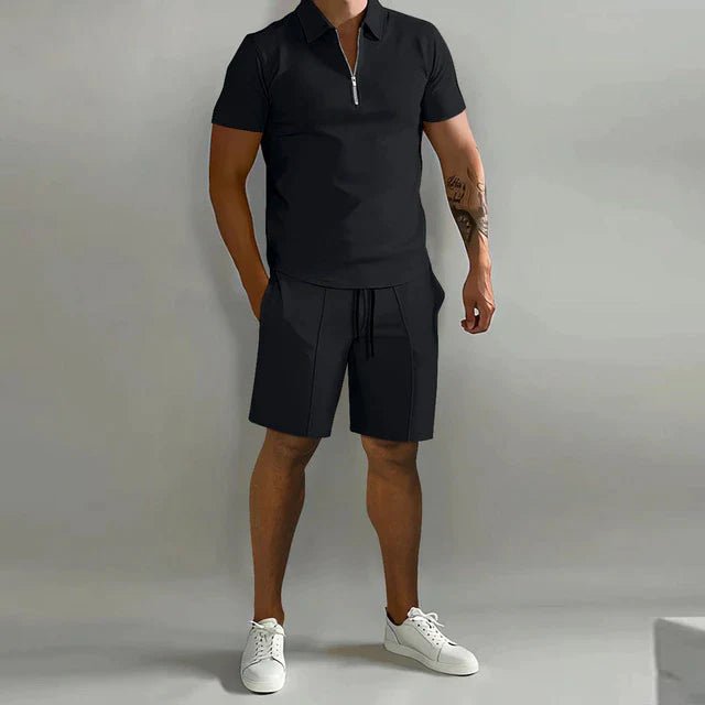 Men's Zip Collar Polo Shirt and Drawstring Shorts Set