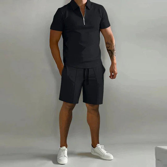 Men's Zip Collar Polo Shirt and Drawstring Shorts Set