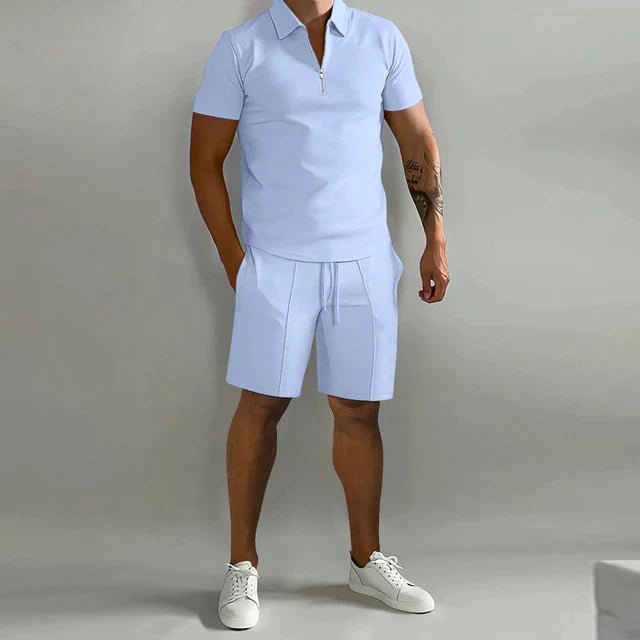 Men's Zip Collar Polo Shirt and Drawstring Shorts Set