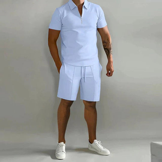 Men's Zip Collar Polo Shirt and Drawstring Shorts Set