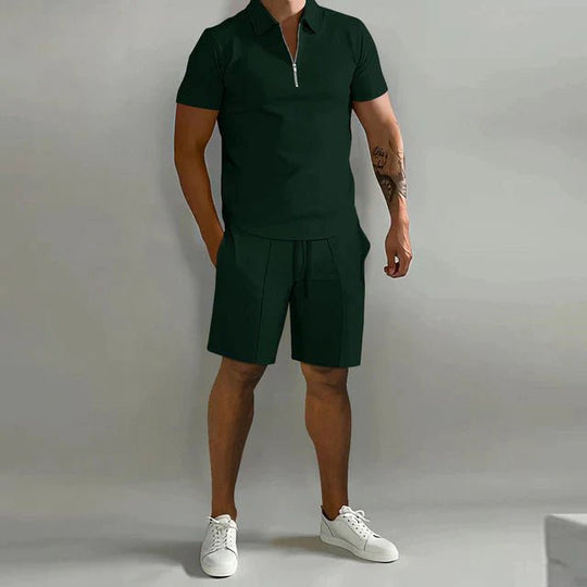 Men's Zip Collar Polo Shirt and Drawstring Shorts Set