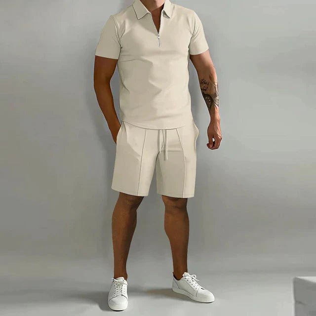 Men's Zip Collar Polo Shirt and Drawstring Shorts Set