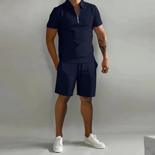 Men's Zip Collar Polo Shirt and Drawstring Shorts Set