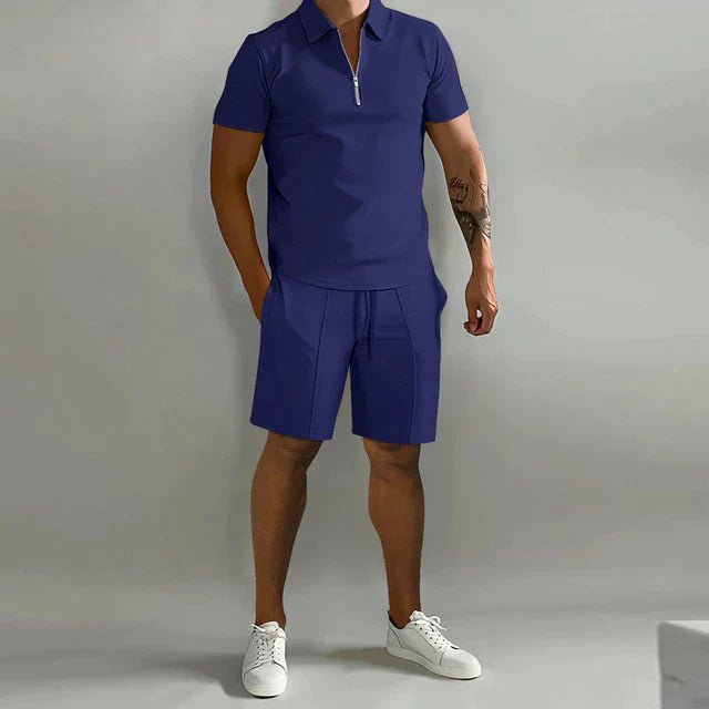 Men's Zip Collar Polo Shirt and Drawstring Shorts Set