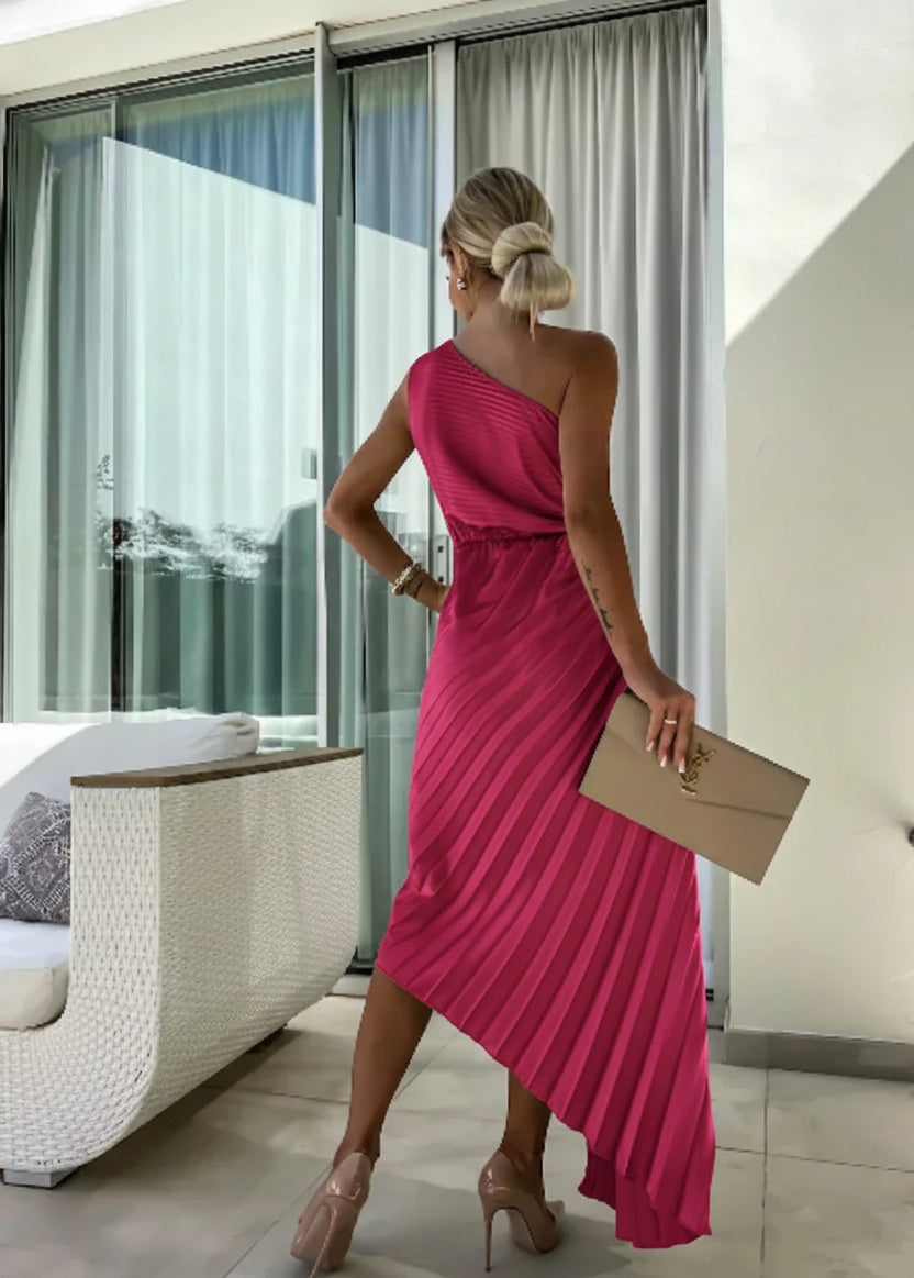 Women's Elegant One-Shoulder Pleated Midi Dress with Floral Detail