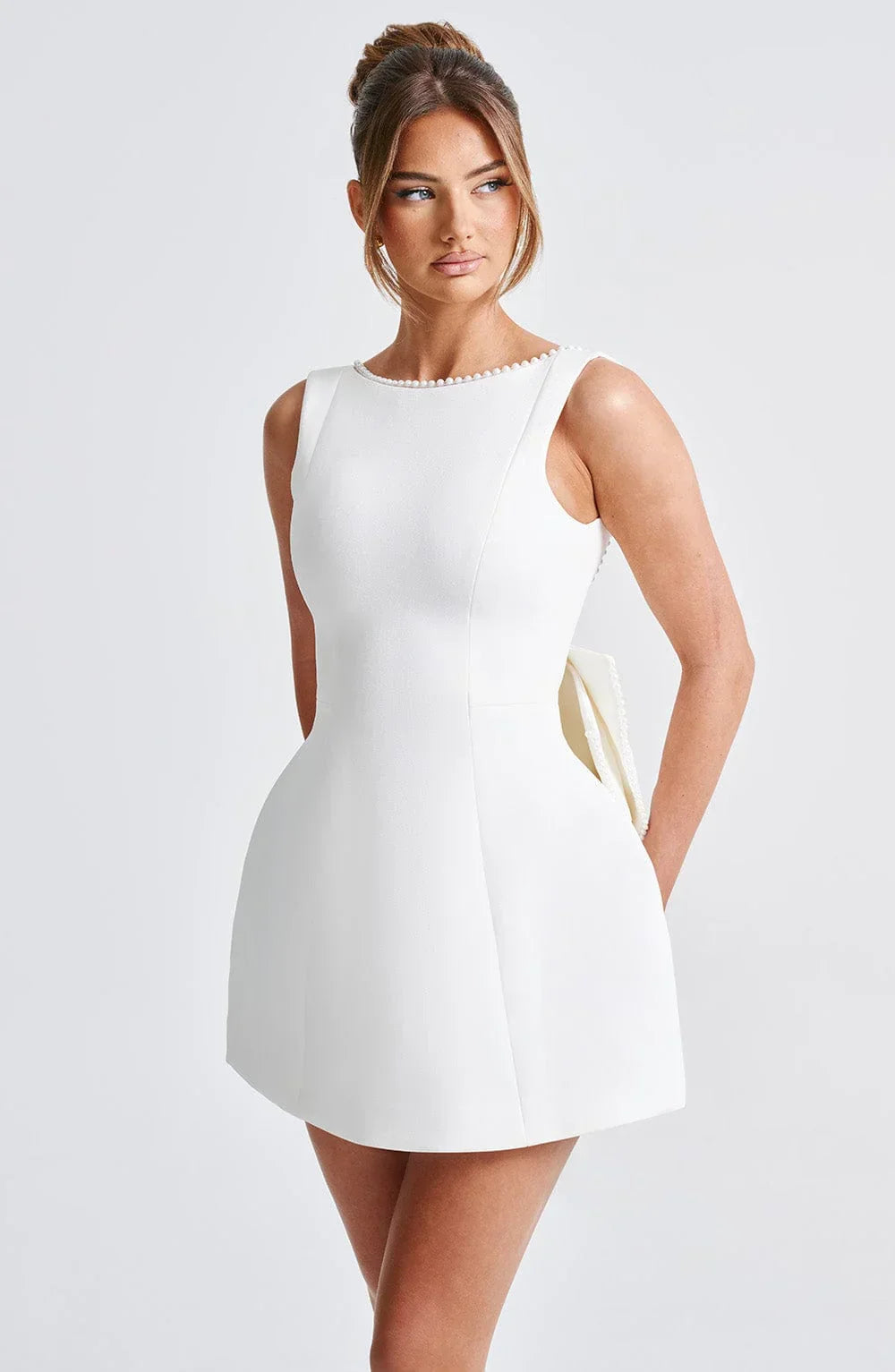 Women's Pearl Trim Bow Back Mini Dress