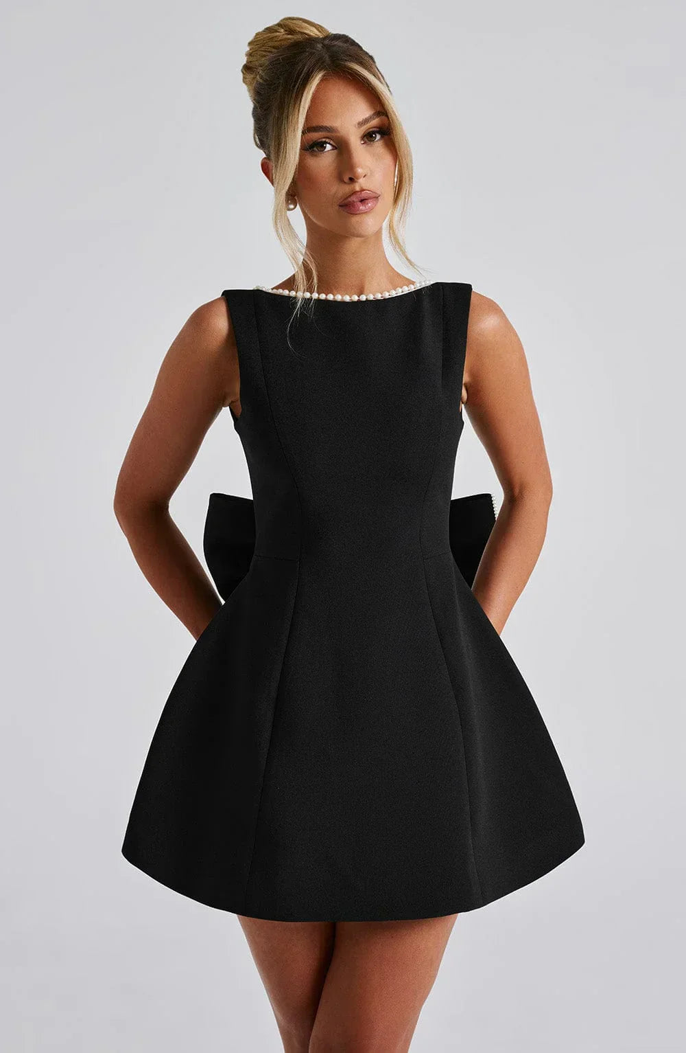 Women's Pearl Trim Bow Back Mini Dress