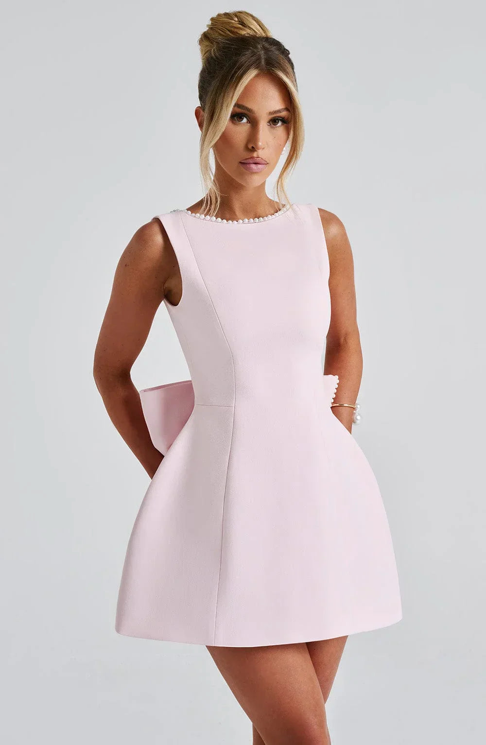 Women's Pearl Trim Bow Back Mini Dress