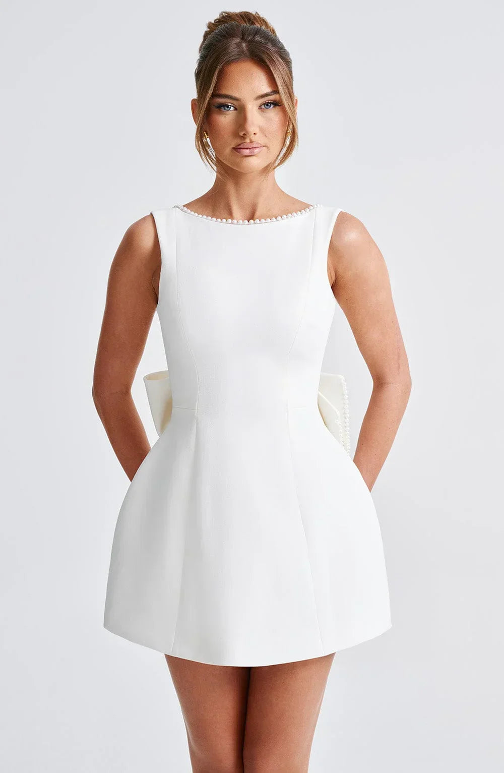 Women's Pearl Trim Bow Back Mini Dress