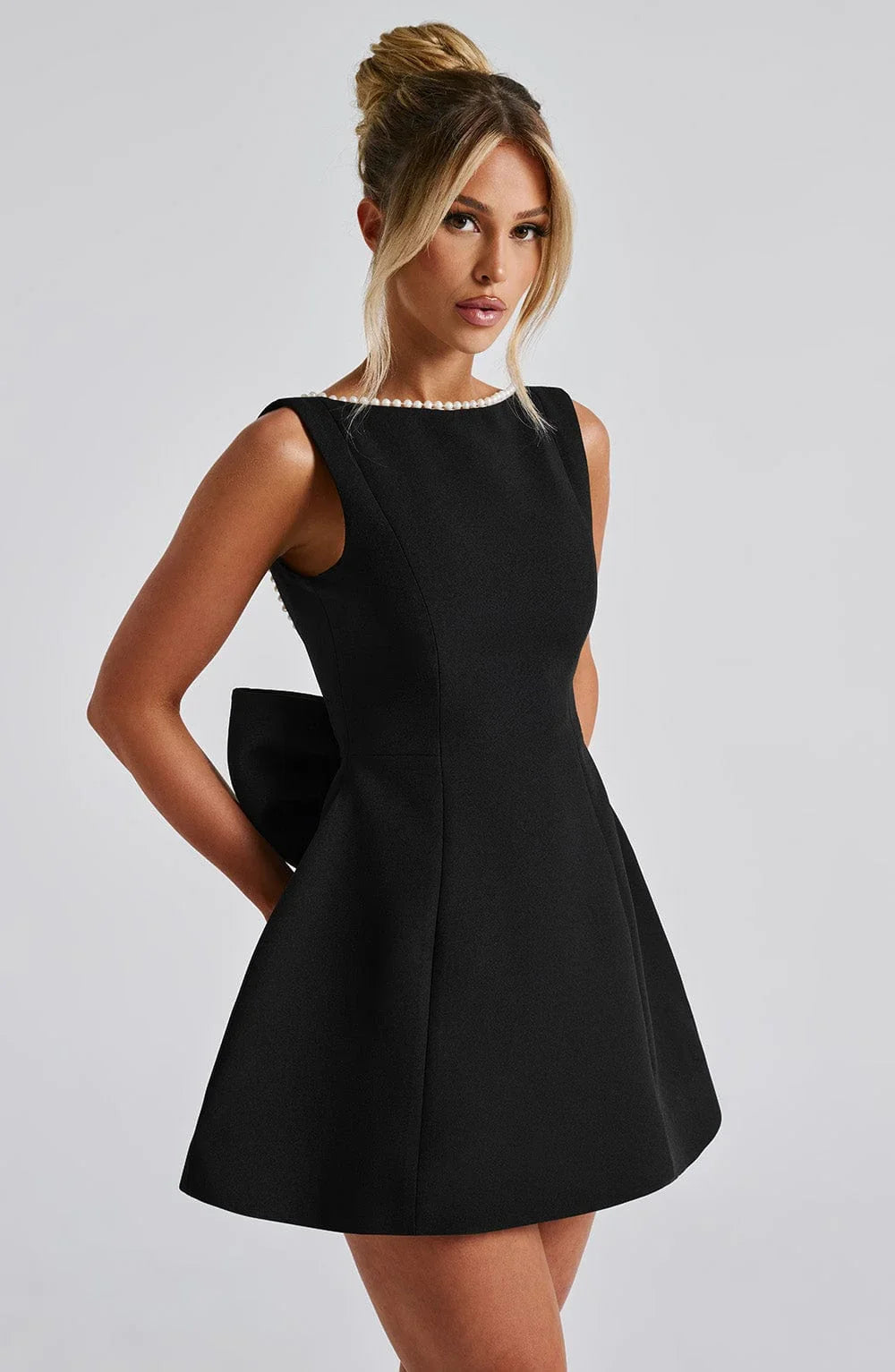 Women's Pearl Trim Bow Back Mini Dress