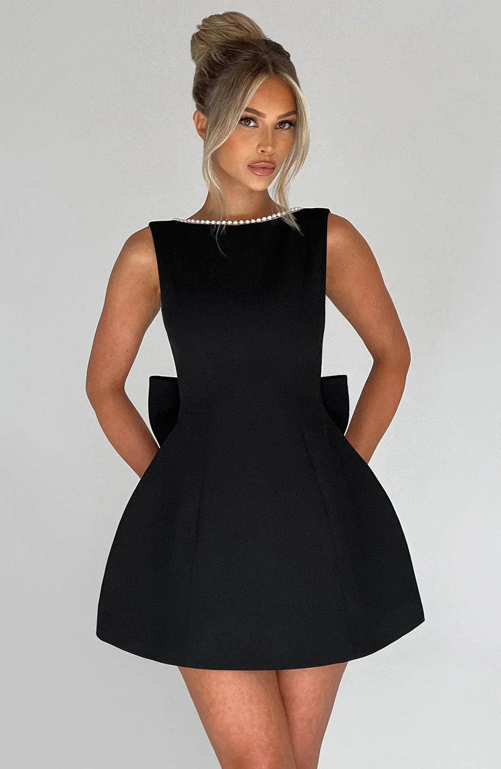 Women's Pearl Trim Bow Back Mini Dress