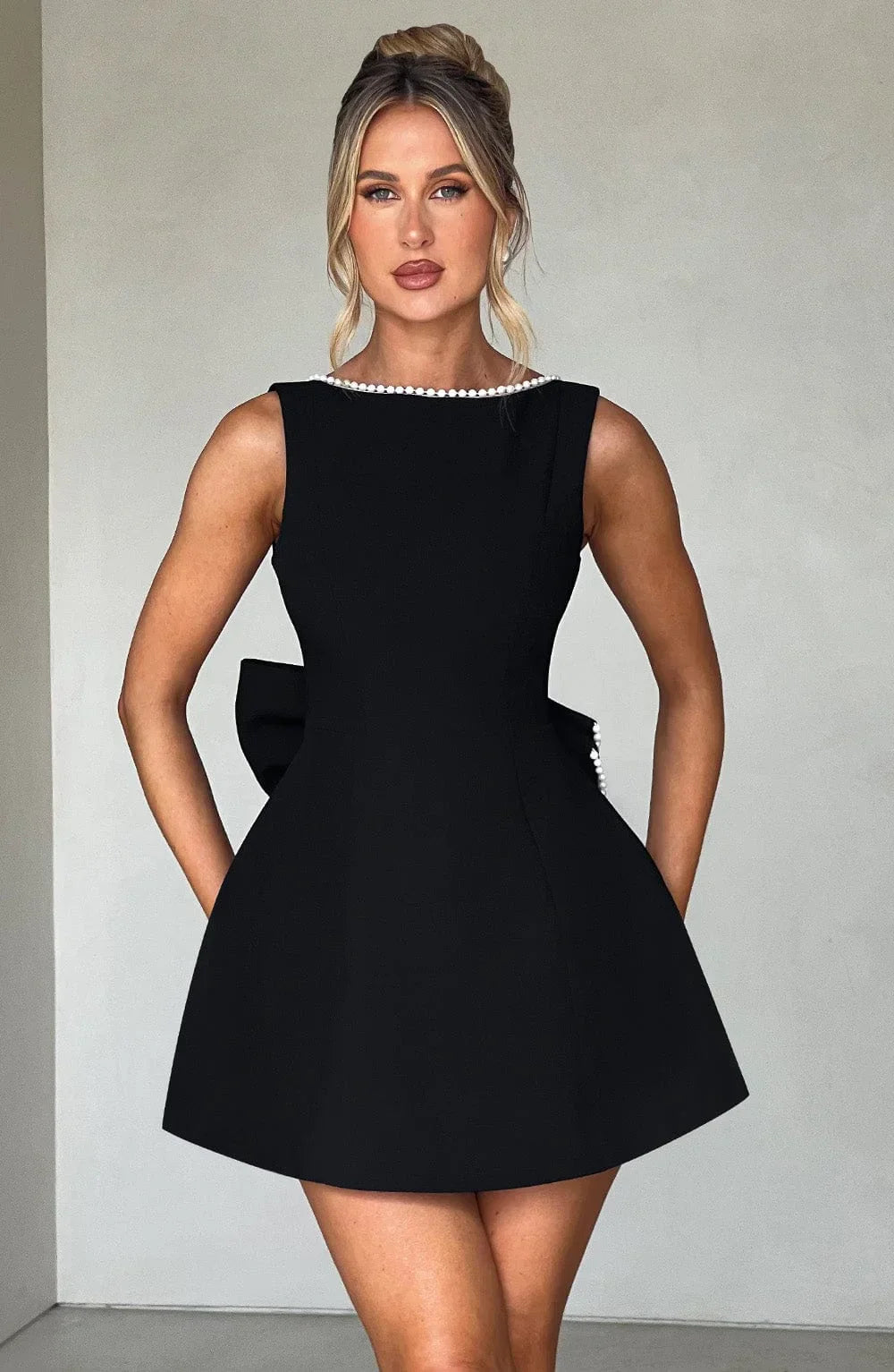 Women's Pearl Trim Bow Back Mini Dress