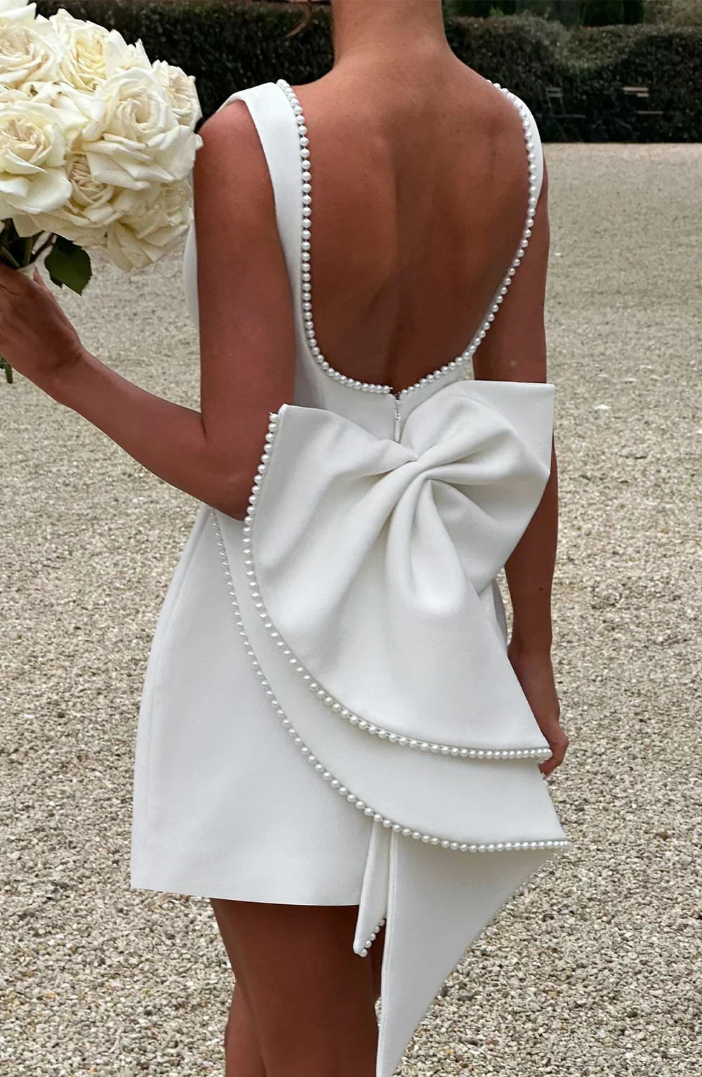 Women's Pearl Trim Bow Back Mini Dress
